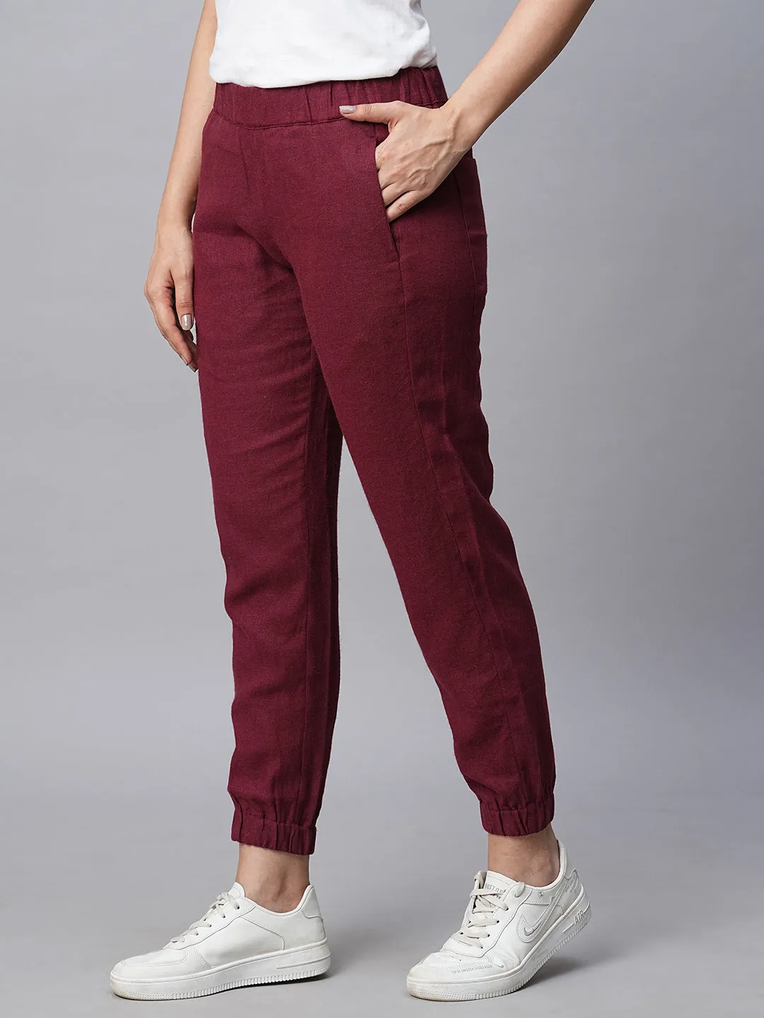 Women's Maroon/Red Linen Viscose Jogger Pant